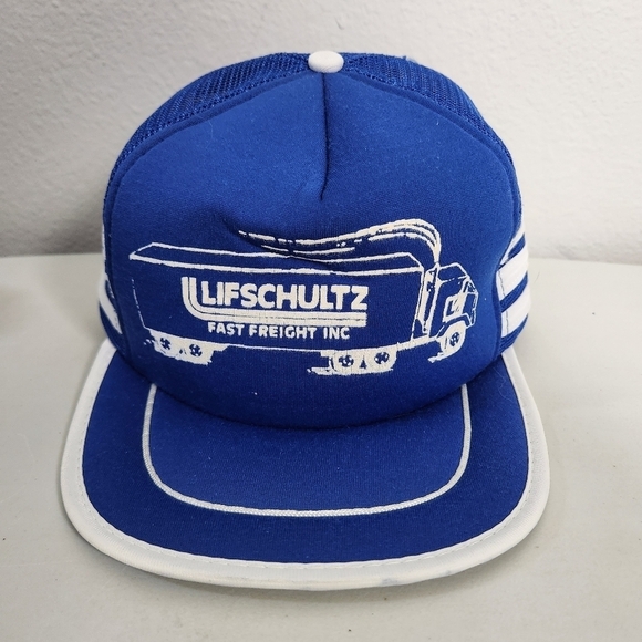 Vintage Lifschultz Freight Blue and White Three Stripe Snapback Trucker Hat - Picture 1 of 8